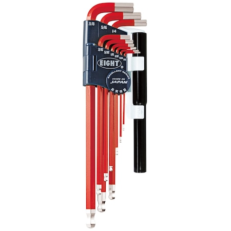 Eight Tool TAPER HEAD HEX KEY L-HANDLE EXTRA LONG SET, 9PC 1/16-3/8INCH RED W/EXTENSION PIPES TEL-S9NPRE
